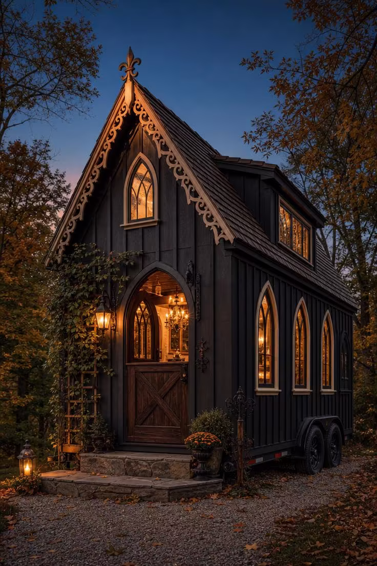 Simple Spaces 16 Gothic tiny house on wheels with charcoal siding, cream lancet trim, and scrollwork vergeboard glowing warmly at twilight in an autumn clearing.