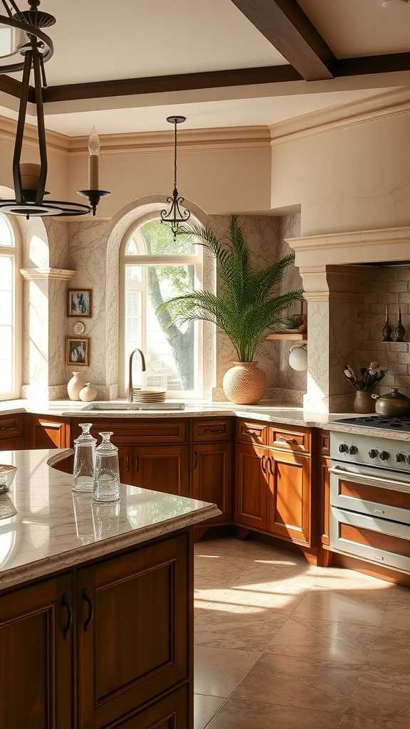 A stylish kitchen featuring granite and marble countertops, complemented by dark wood cabinets and abundant natural light.