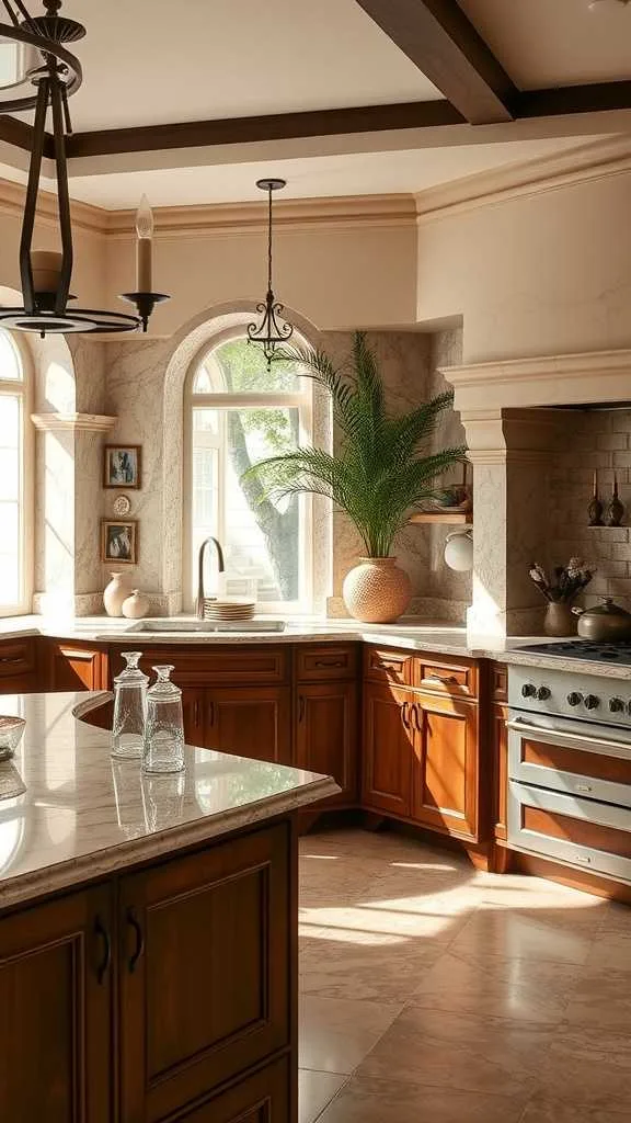 19 Stunning Spanish Mediterranean Kitchen Design Ideas 6 A stylish kitchen featuring granite and marble countertops, complemented by dark wood cabinets and abundant natural light.
