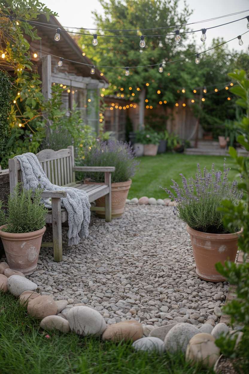 28 Gravel Patio Ideas That Boost Your Backyard’s Charm 1 Circular gravel patio with terracotta planters, wooden bench, and string lights