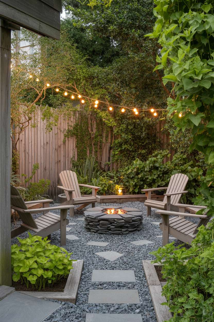 28 Gravel Patio Ideas That Boost Your Backyard’s Charm 2 Geometric gravel patio with central slate fire pit and Adirondack chairs