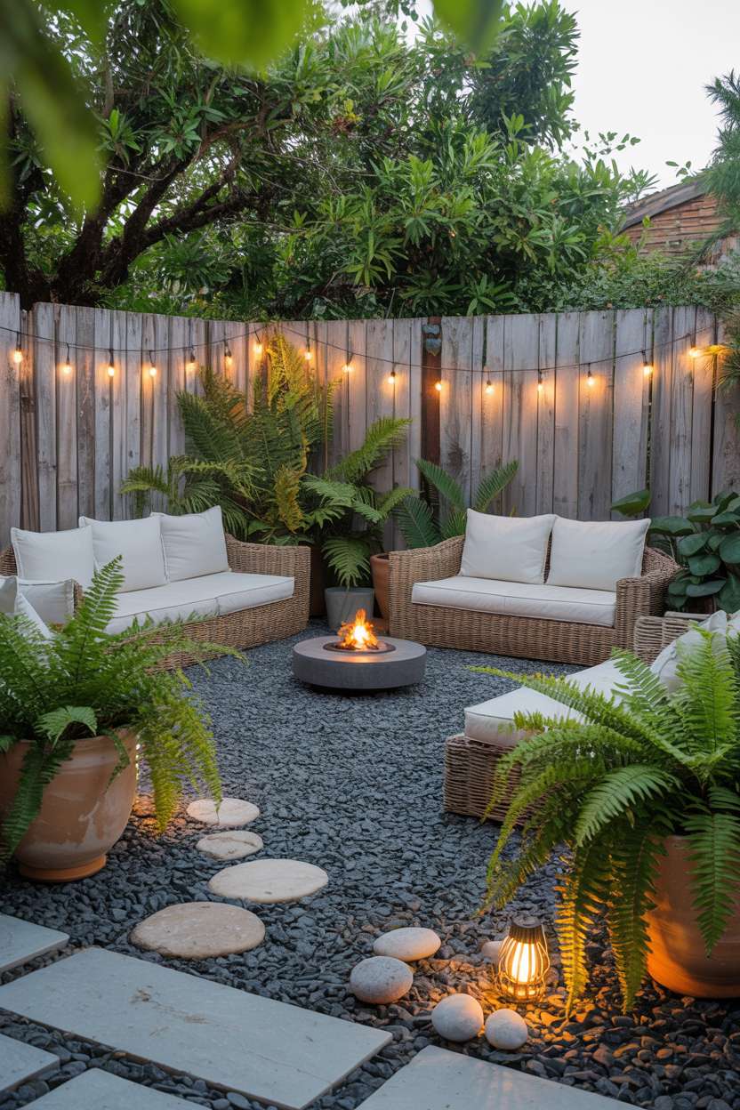 28 Gravel Patio Ideas That Boost Your Backyard’s Charm 3 Contemporary dark grey gravel patio with woven seating and central fire pit