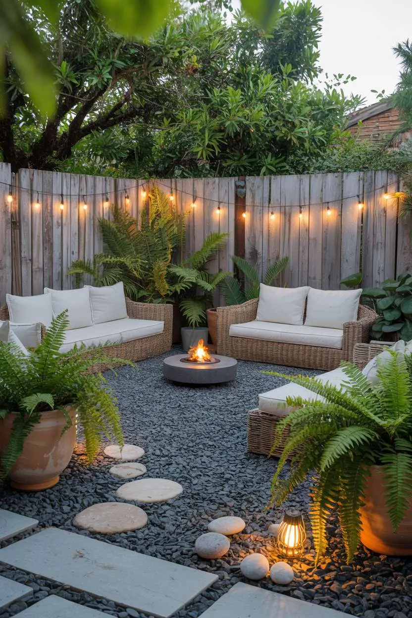 28 Gravel Patio Ideas That Boost Your Backyard’s Charm 3 Contemporary dark grey gravel patio with woven seating and central fire pit