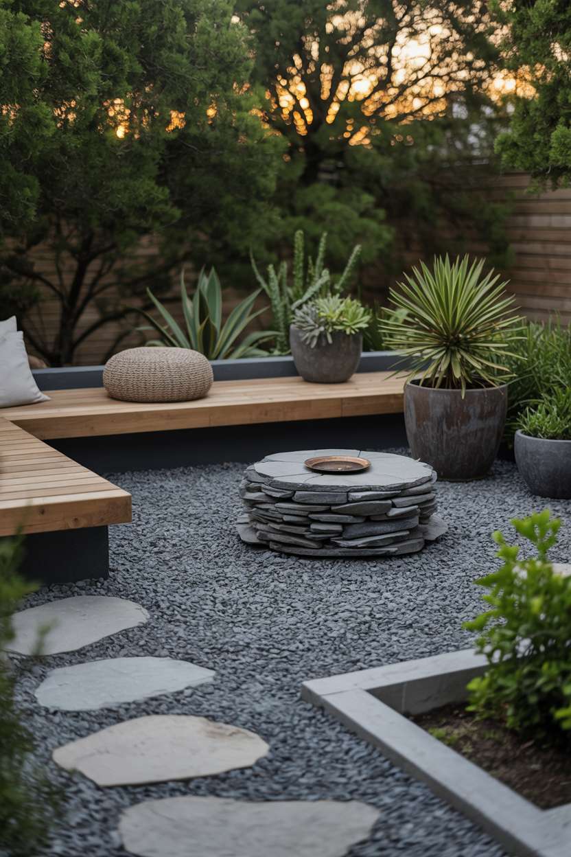 28 Gravel Patio Ideas That Boost Your Backyard’s Charm 4 Minimalist gravel patio with wooden bench, slate fire pit, and ornamental plants