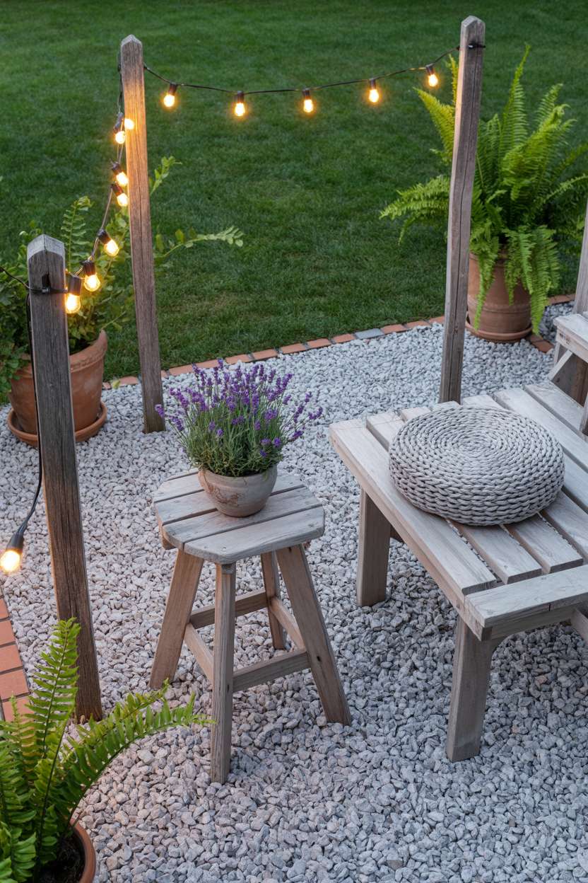 28 Gravel Patio Ideas That Boost Your Backyard’s Charm 5 Small circular gravel patio with wooden bench and lavender centerpiece