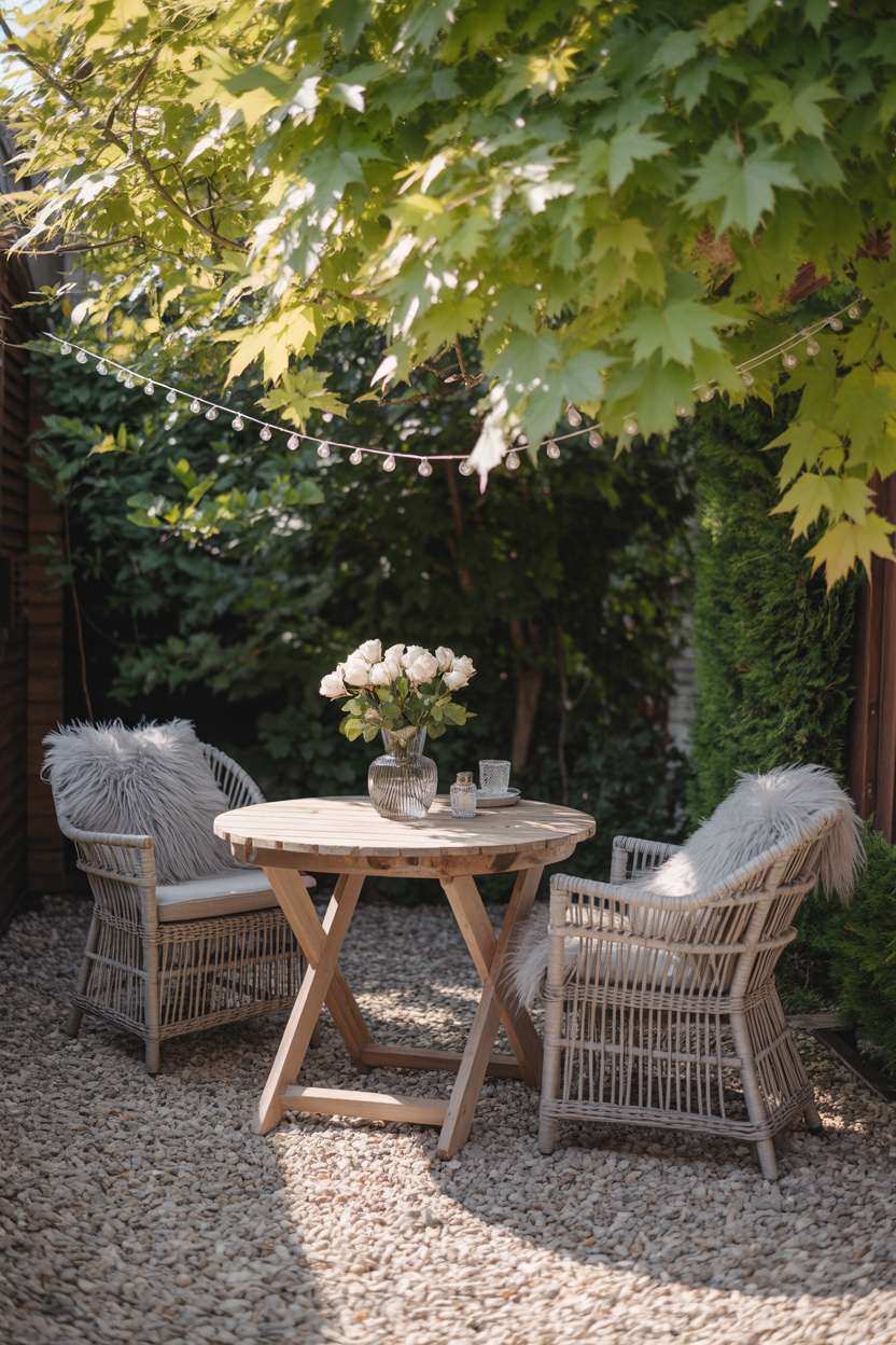 28 Gravel Patio Ideas That Boost Your Backyard’s Charm 6 Charming gravel patio with wooden table, white roses, and fairy lights