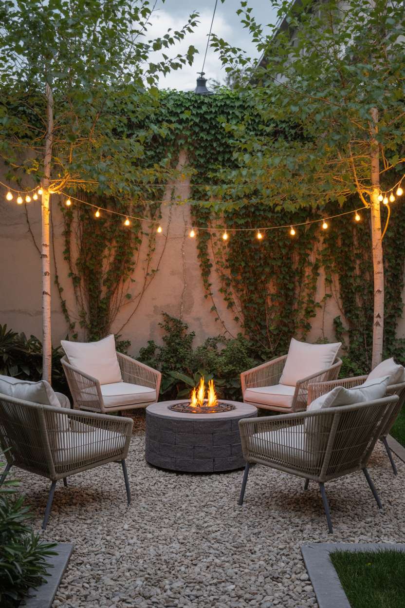 28 Gravel Patio Ideas That Boost Your Backyard’s Charm 7 Contemporary gravel patio with stone fire pit, wicker chairs, and ivy-covered walls