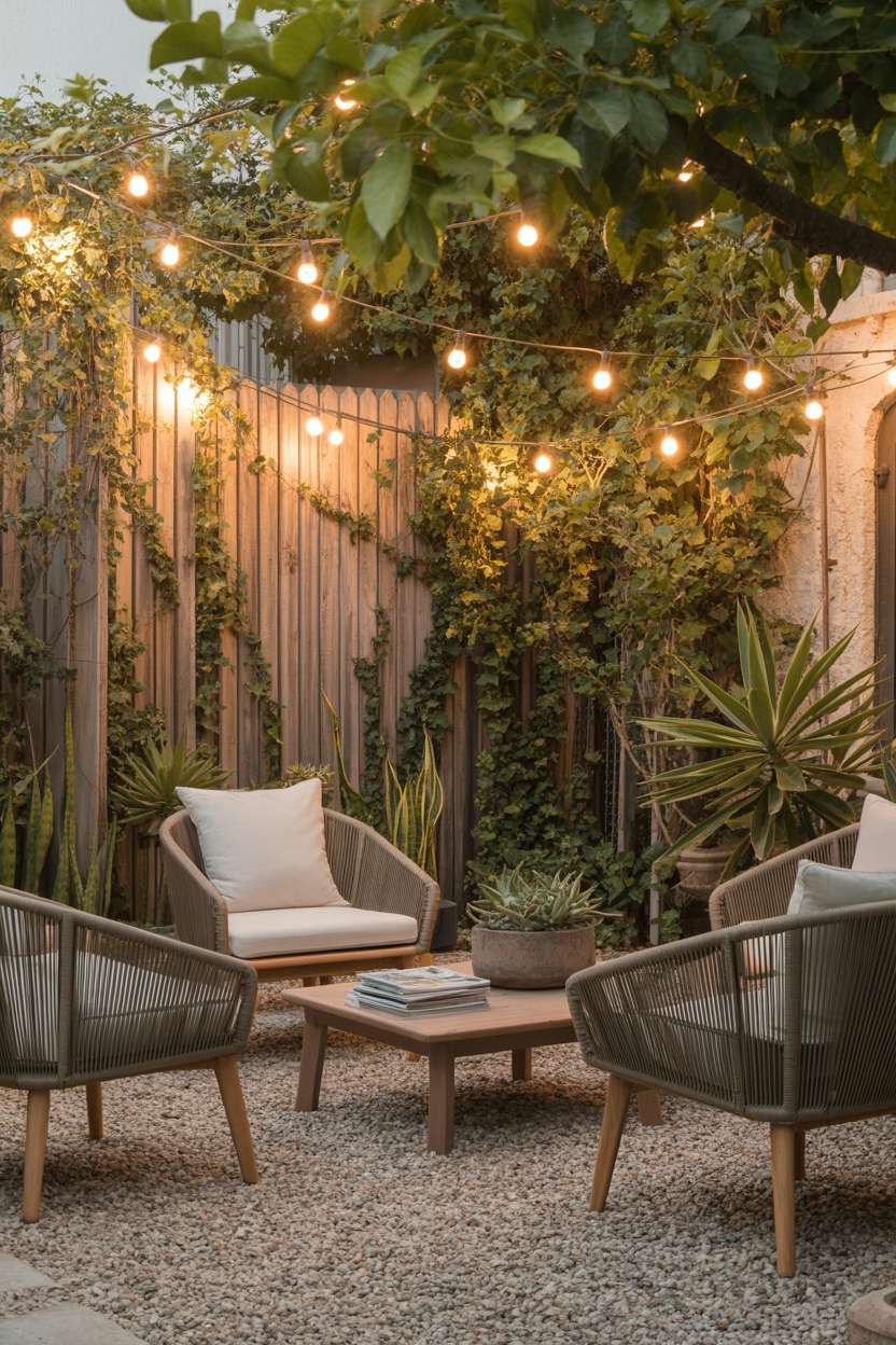 28 Gravel Patio Ideas That Boost Your Backyard’s Charm 8 Gravel patio with oversized woven chairs, coffee table, and ivy-covered fence