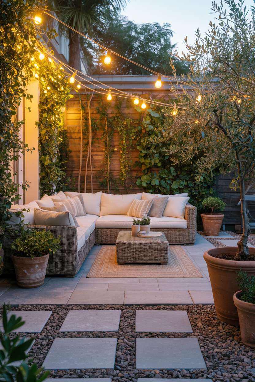 28 Gravel Patio Ideas That Boost Your Backyard’s Charm 9 Mixed paver and gravel patio with cream sectional sofa and olive trees