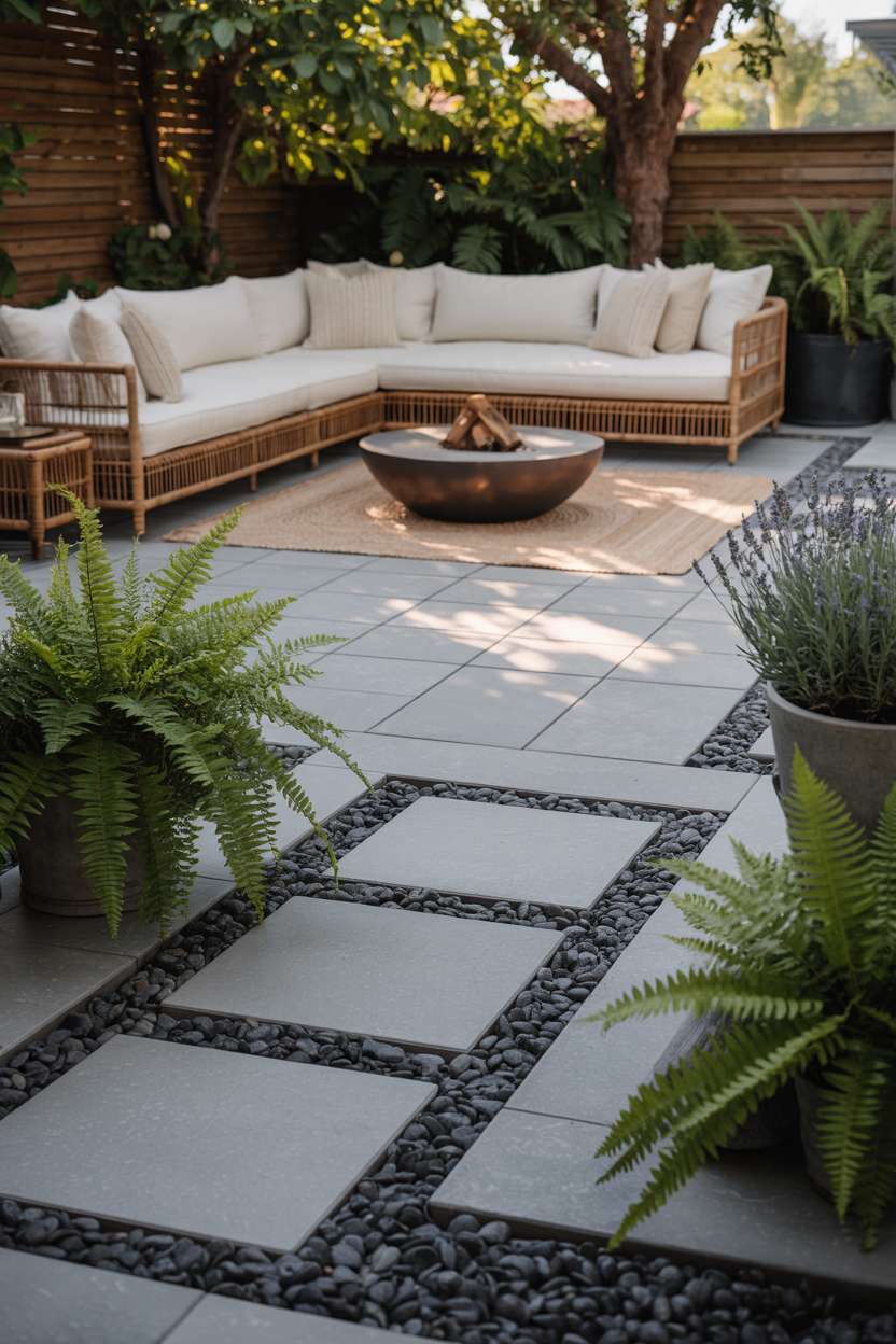 28 Gravel Patio Ideas That Boost Your Backyard’s Charm 10 Modern patio with rattan sectional, steel fire pit, and mixed gravel surfaces