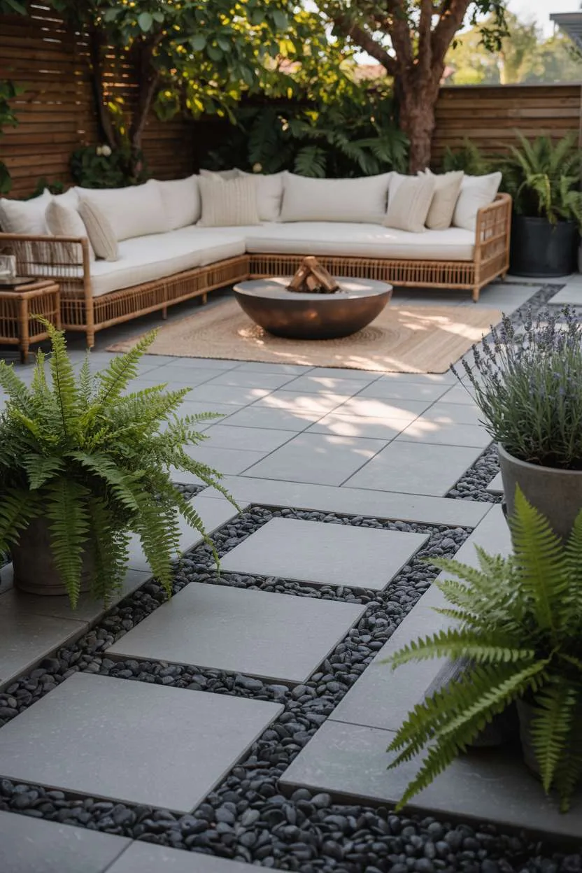 28 Gravel Patio Ideas That Boost Your Backyard’s Charm 10 Modern patio with rattan sectional, steel fire pit, and mixed gravel surfaces