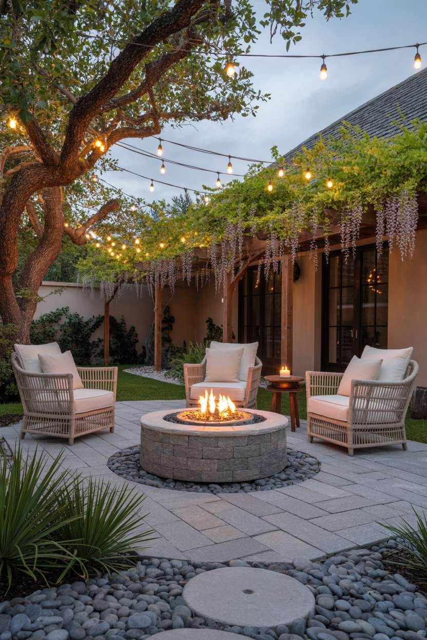 28 Gravel Patio Ideas That Boost Your Backyard’s Charm 11 Refined patio with weathered stone fire pit, rattan chairs, and wisteria pergola