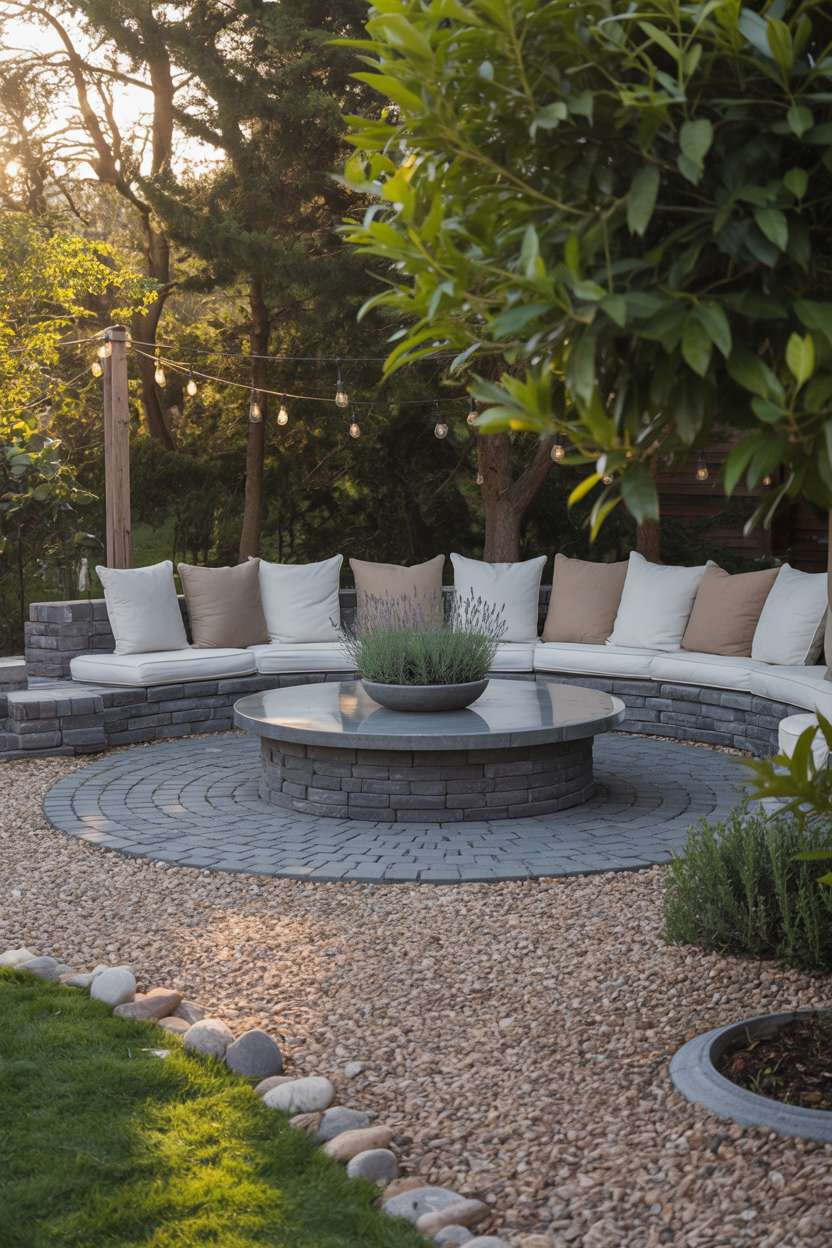 28 Gravel Patio Ideas That Boost Your Backyard’s Charm 12 Modern patio with dark grey fire pit, neutral cushions, and mature trees
