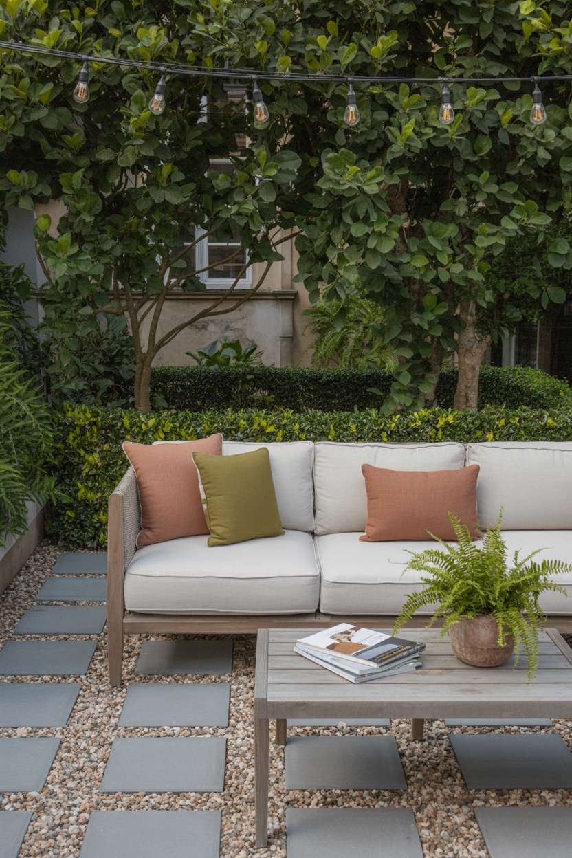 28 Gravel Patio Ideas That Boost Your Backyard’s Charm 13 Stylish patio with cream linen sofa, terracotta accents, and Edison bulbs