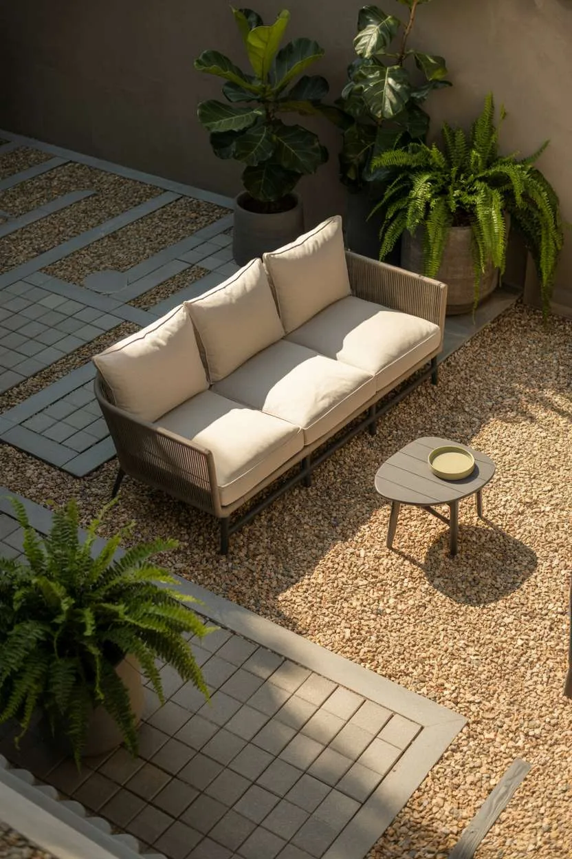 28 Gravel Patio Ideas That Boost Your Backyard’s Charm 14 Clean modern patio with light tan gravel, fiddle-leaf fig, and trailing ferns