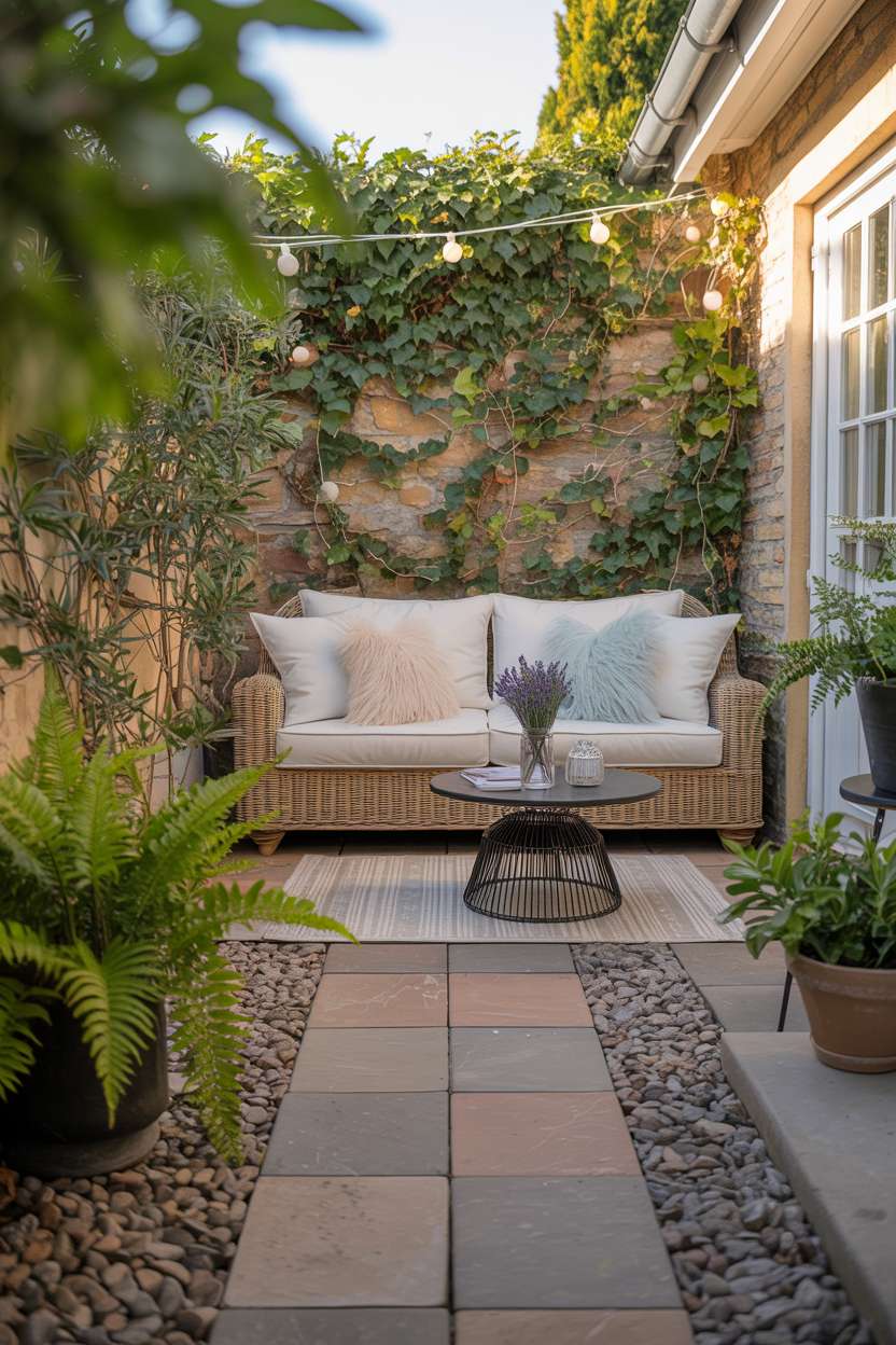 28 Gravel Patio Ideas That Boost Your Backyard’s Charm 15 Serene patio with wicker sofa, fresh lavender, and fairy lights