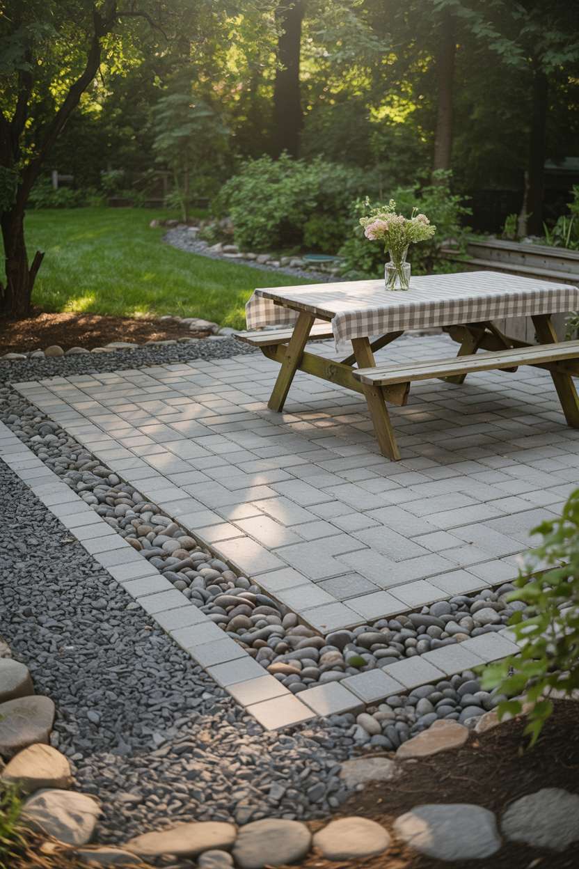 28 Gravel Patio Ideas That Boost Your Backyard’s Charm 16 Herringbone paver patio with wooden picnic table and fresh flowers