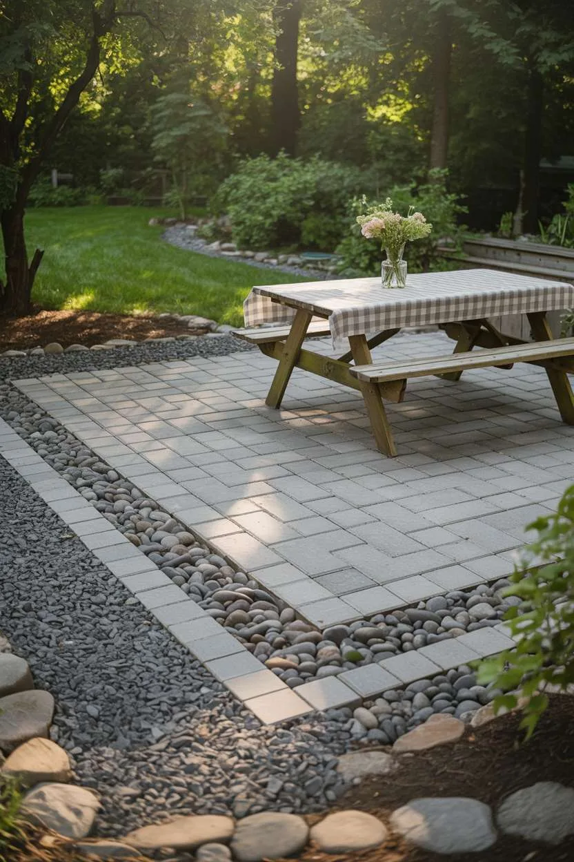28 Gravel Patio Ideas That Boost Your Backyard’s Charm 16 Herringbone paver patio with wooden picnic table and fresh flowers