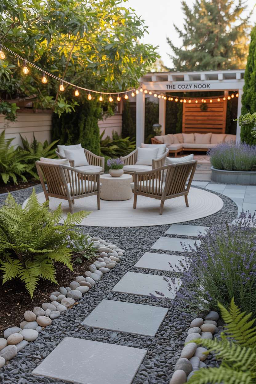 28 Gravel Patio Ideas That Boost Your Backyard’s Charm 17 Mixed gravel and paver patio with wooden chairs and lush plantings