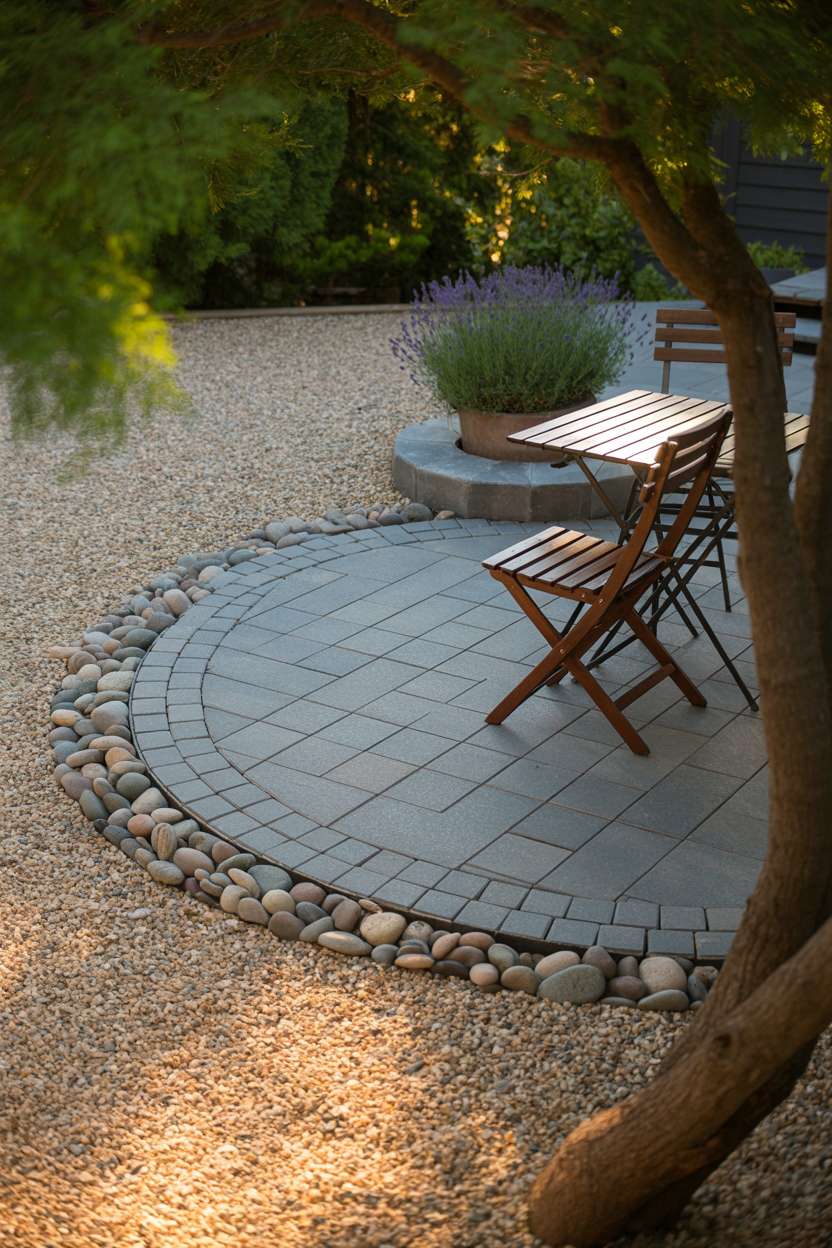 28 Gravel Patio Ideas That Boost Your Backyard’s Charm 18 Circular paver seating area with bistro table and lavender accents
