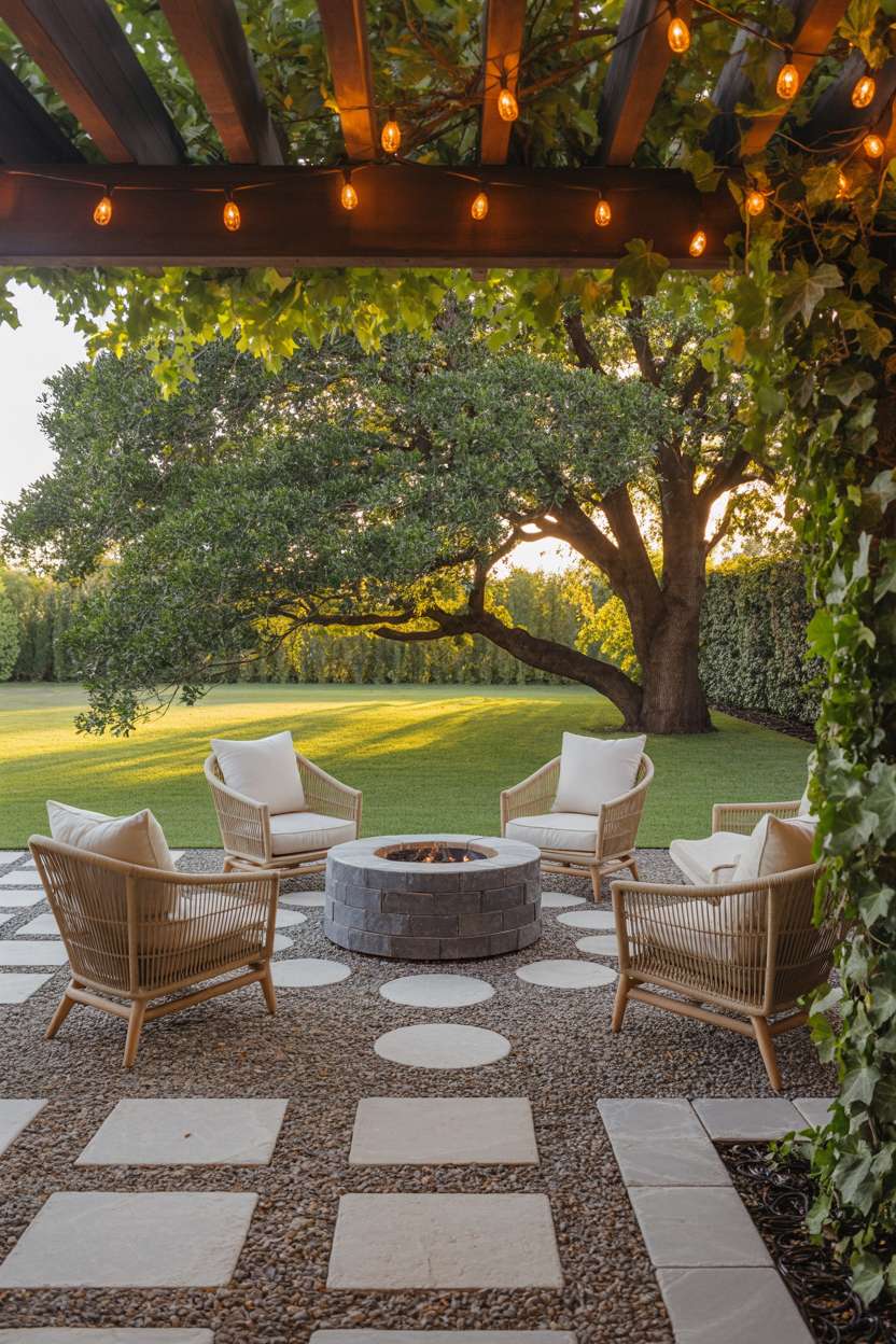 28 Gravel Patio Ideas That Boost Your Backyard’s Charm 19 Fire pit patio with rattan chairs under mature oak tree