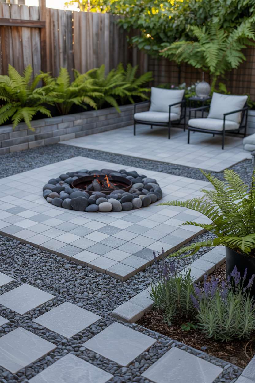 28 Gravel Patio Ideas That Boost Your Backyard’s Charm 20 Minimalist patio with dark river rock fire pit and strategic plantings