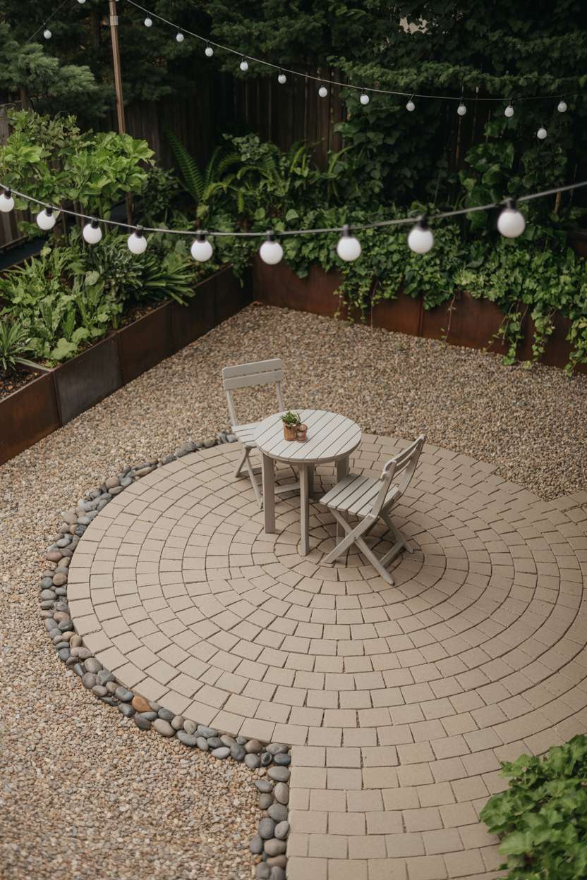 28 Gravel Patio Ideas That Boost Your Backyard’s Charm 21 Modern patio with radial paver pattern and fairy light canopy