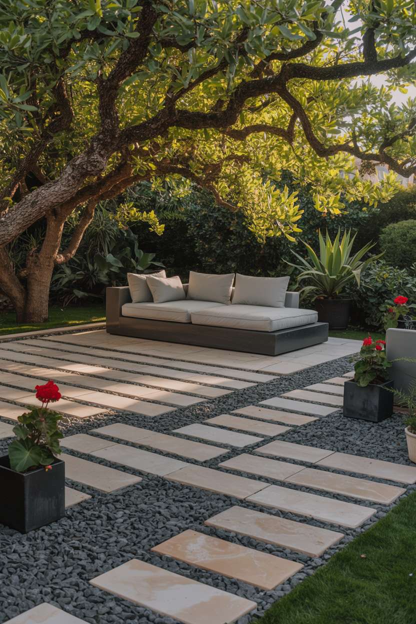 28 Gravel Patio Ideas That Boost Your Backyard’s Charm 22 Contemporary patio with herringbone pavers, minimalist sofa, and red flower accents