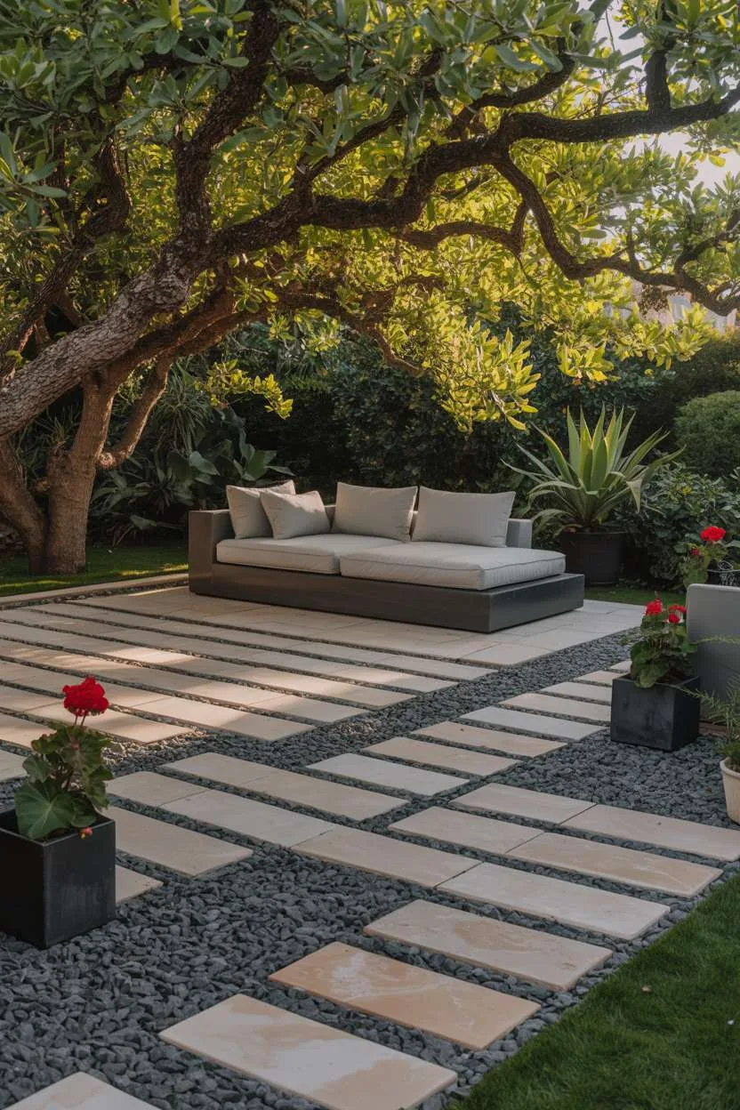 28 Gravel Patio Ideas That Boost Your Backyard’s Charm 22 Contemporary patio with herringbone pavers, minimalist sofa, and red flower accents