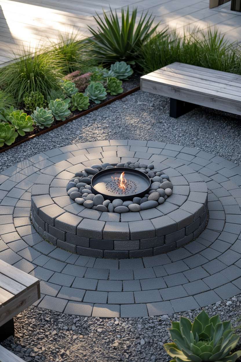 28 Gravel Patio Ideas That Boost Your Backyard’s Charm 23 Modern fire pit patio with succulent border and wooden bench