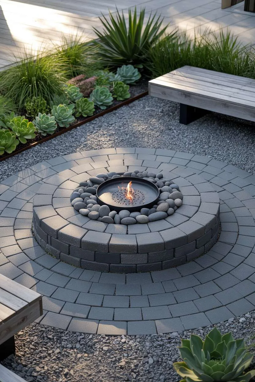28 Gravel Patio Ideas That Boost Your Backyard’s Charm 23 Modern fire pit patio with succulent border and wooden bench