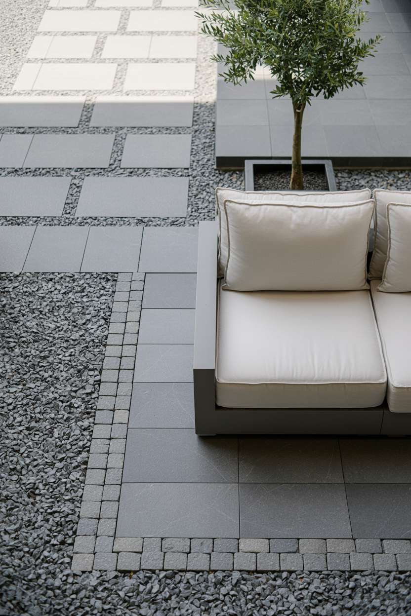 28 Gravel Patio Ideas That Boost Your Backyard’s Charm 24 Minimalist patio with geometric pavers and single olive tree