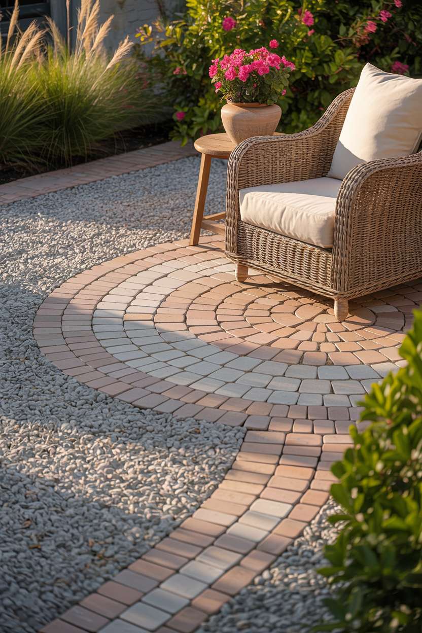 28 Gravel Patio Ideas That Boost Your Backyard’s Charm 25 Elegant patio with circular paver pattern and pink flower centerpiece