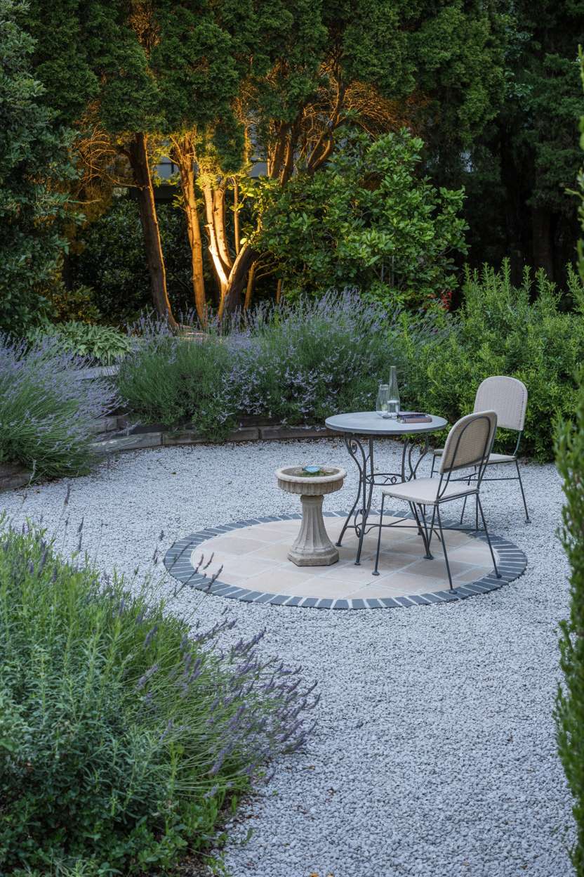 28 Gravel Patio Ideas That Boost Your Backyard’s Charm 26 Tranquil patio with stone birdbath, bistro seating, and herb borders