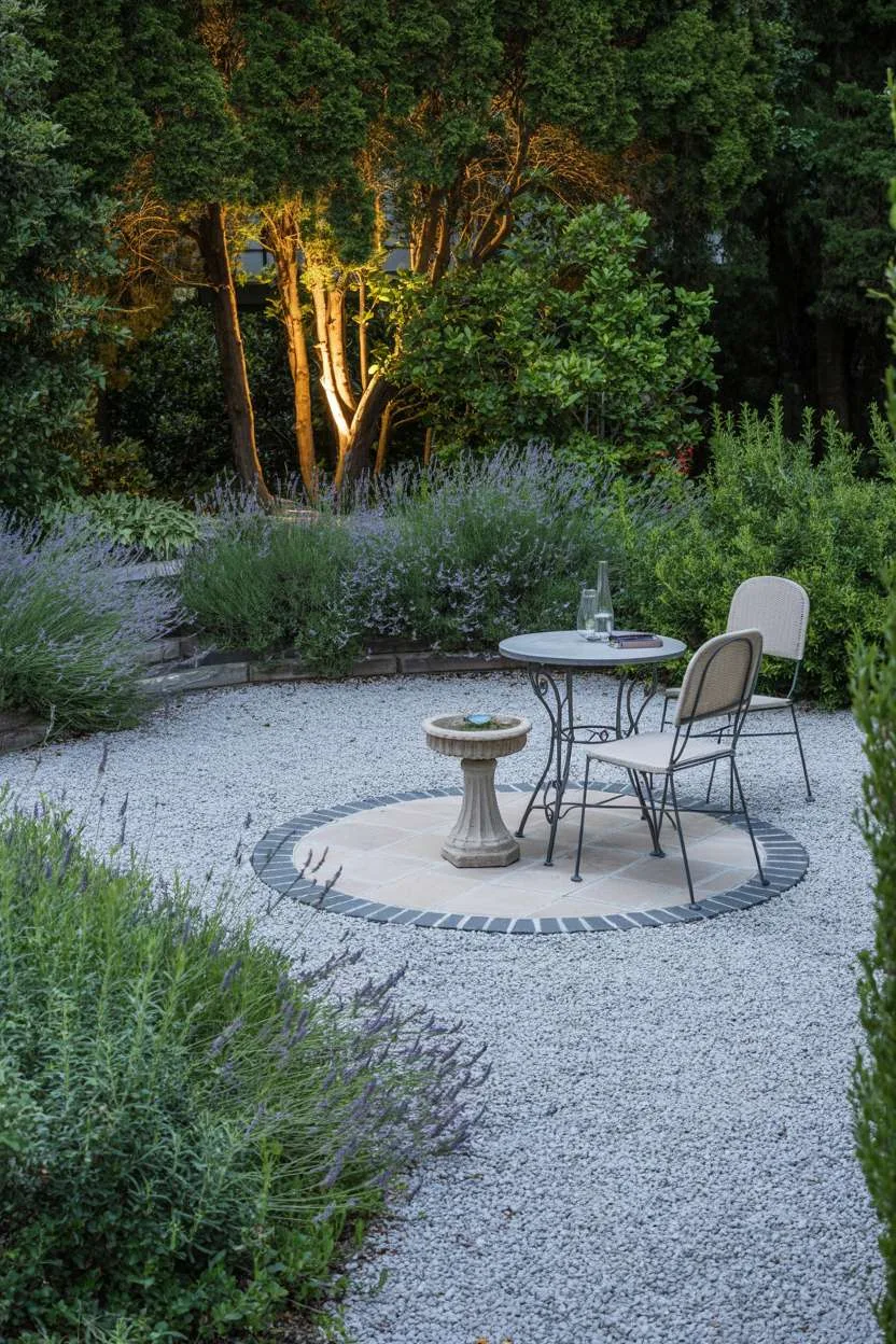 28 Gravel Patio Ideas That Boost Your Backyard’s Charm 26 Tranquil patio with stone birdbath, bistro seating, and herb borders