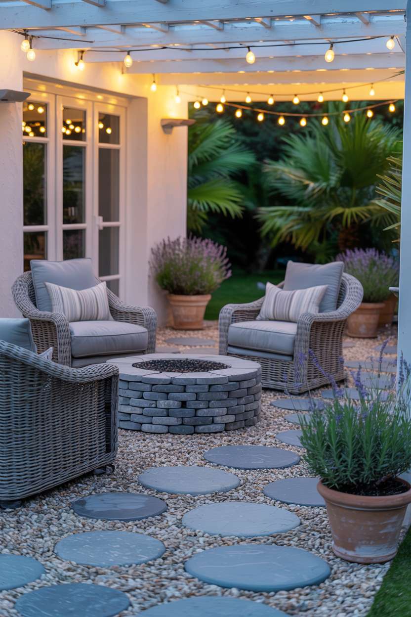 28 Gravel Patio Ideas That Boost Your Backyard’s Charm 27 Cozy patio with slate fire pit, wicker chairs, and pergola lighting