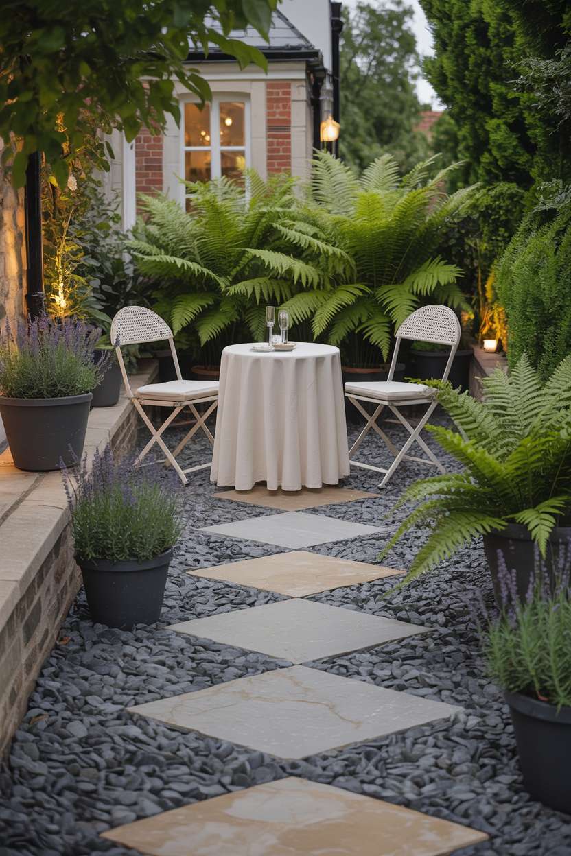 28 Gravel Patio Ideas That Boost Your Backyard’s Charm 28 Charming patio with bistro table, cream tablecloth, and cottage backdrop