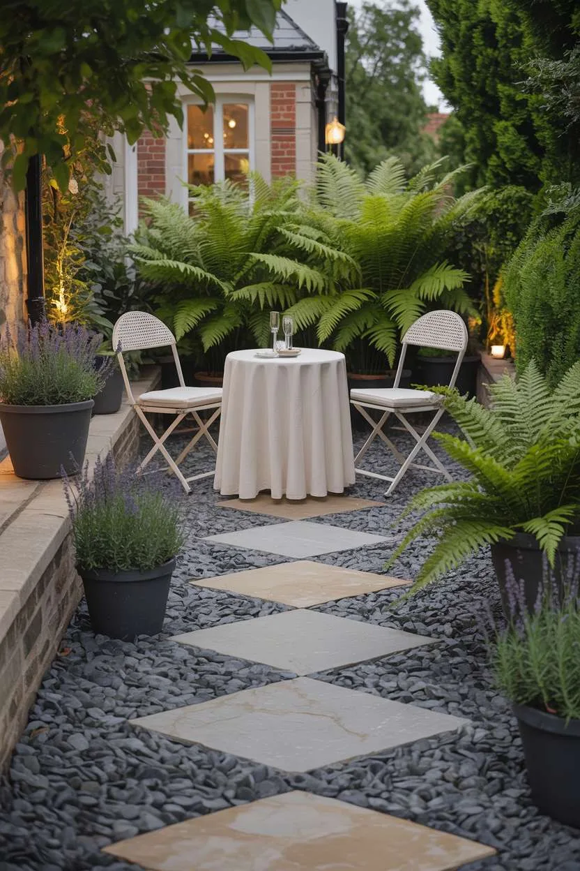 28 Gravel Patio Ideas That Boost Your Backyard’s Charm 28 Charming patio with bistro table, cream tablecloth, and cottage backdrop