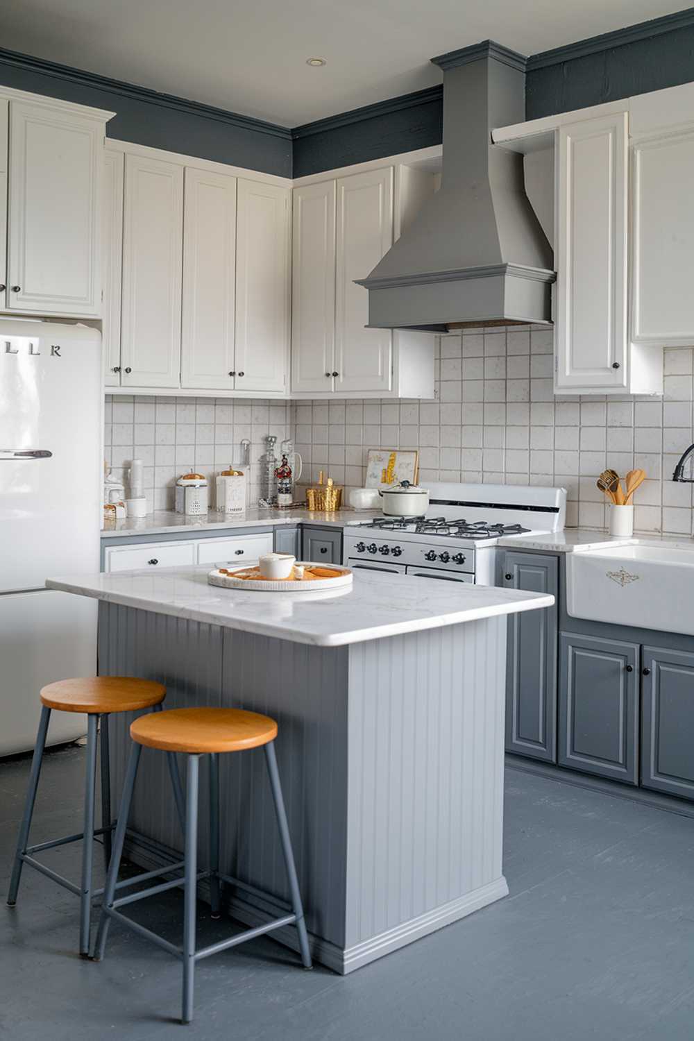 A gray and white kitchen decor. There is a gray kitchen island with a white marble top and a few stools. There are white cabinets on the walls. There is a gray cabinet under the island. There is a white stove with four burners and a gray hood above it. There is a white refrigerator on the left. There is a white sink with a gray faucet on the right. The floor is gray.