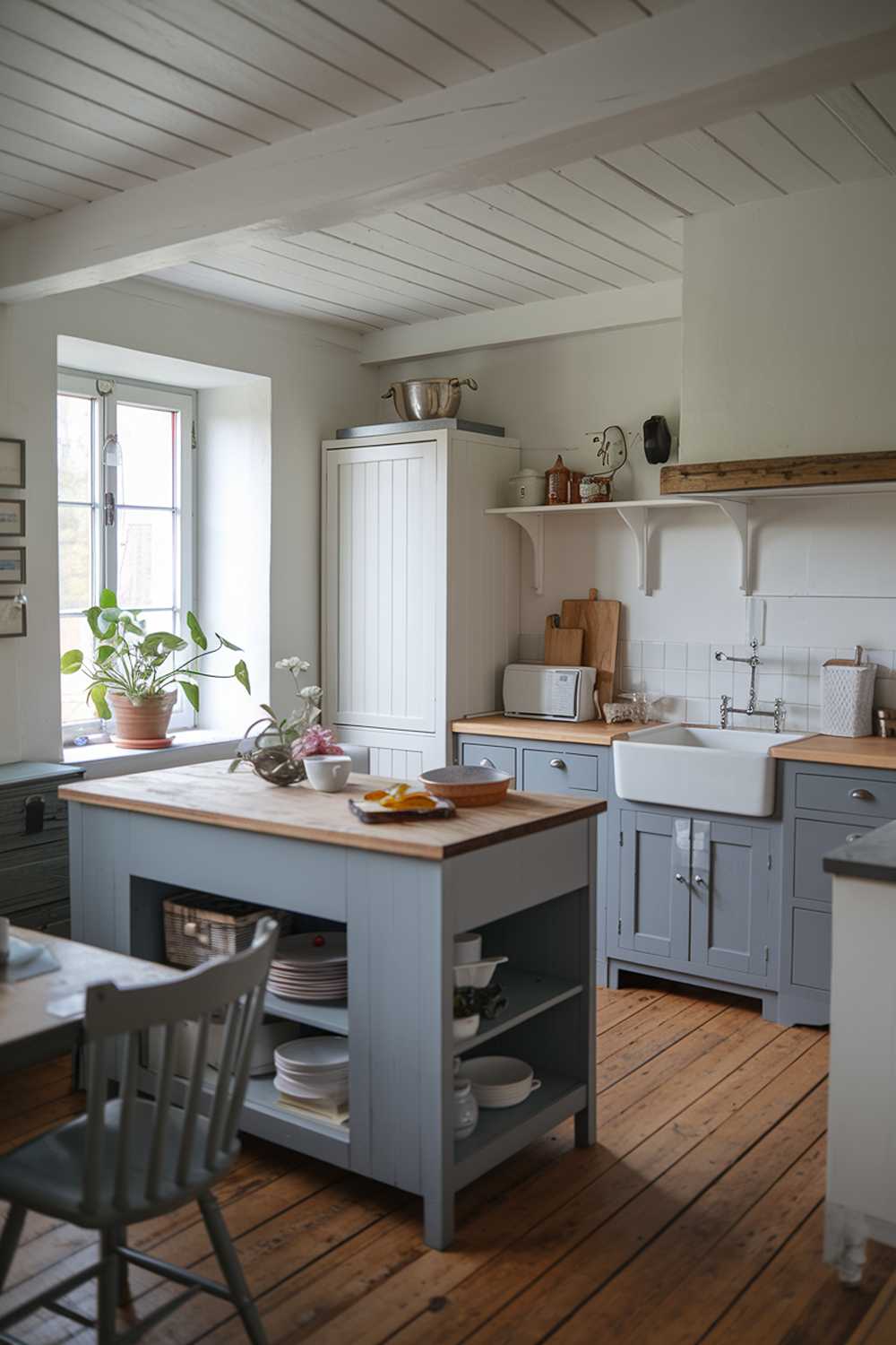 A cozy gray and white kitchen with a rustic charm. The kitchen has a wooden island in the center, with a gray countertop and a white farmhouse sink. There's a white cabinet above the sink and a gray cabinet below the sink. There's a gray chair near the island. The walls are painted white. There's a potted plant near the window. The floor is made of wooden planks.