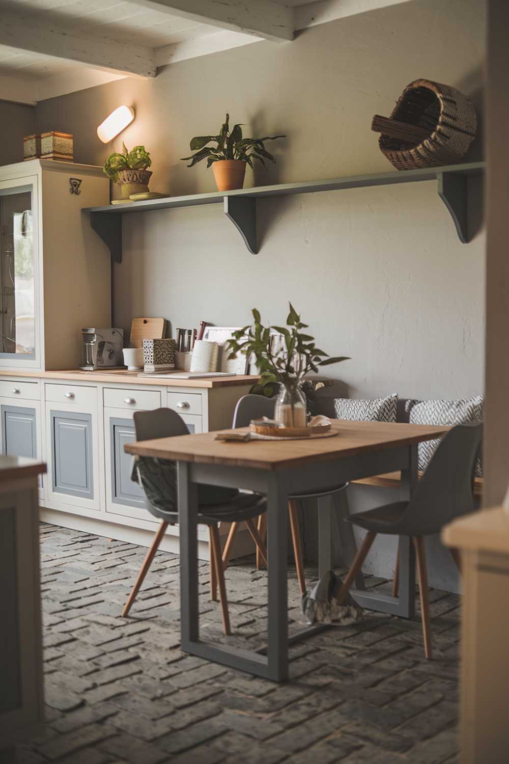 A cozy gray and white kitchen decor with a rustic touch. There's a wooden dining table in the middle of the room, with gray chairs around it. On the wall behind the table, there's a white cabinet with gray doors and a gray shelf above it. The floor is made of gray bricks. There are potted plants and a decorative basket on the shelf. The room has a warm ambiance with soft lighting.