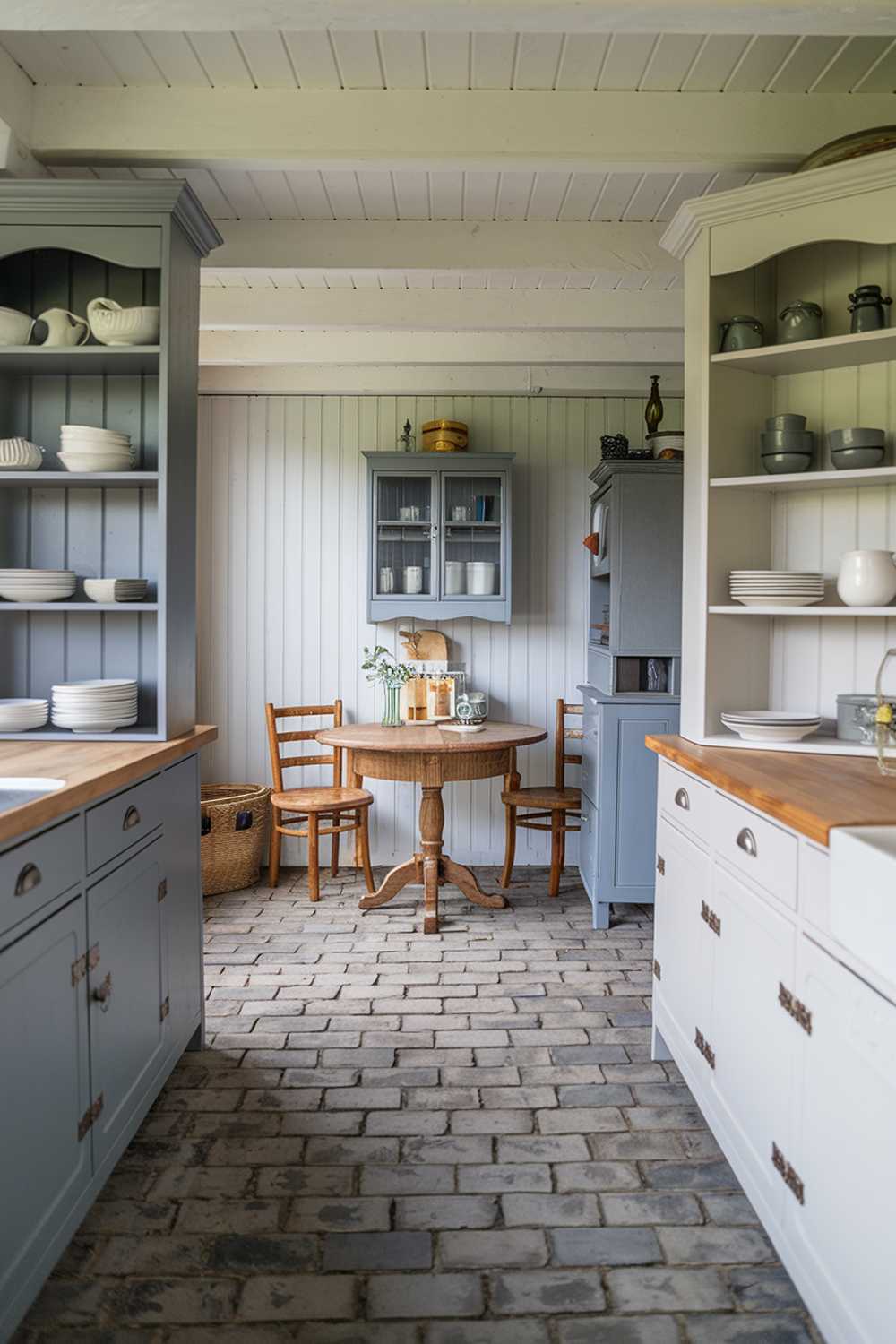 A gray and white kitchen with a rustic decor. There's a wooden table with two chairs in the middle of the room. On the left, there's a gray cabinet with a few white dishes. On the right, there's a white cabinet with a few gray dishes. The floor is made of gray bricks.