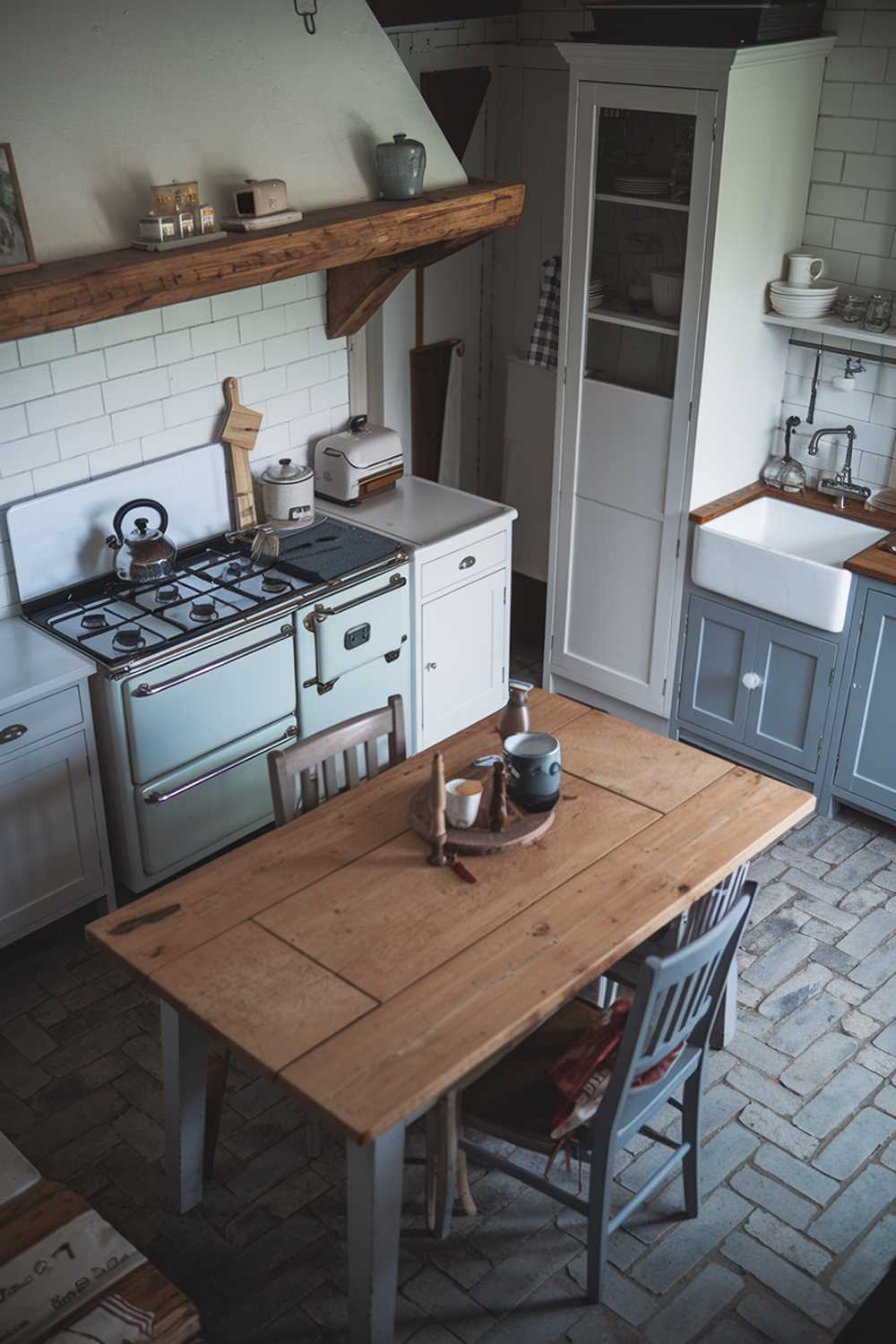 A wide shot of a cozy gray and white kitchen with a rustic touch. There's a large wooden table in the center with a few chairs. There's a gas range stove with a kettle and a pot on it. There's a wooden shelf above the stove with a few items. There's a white cabinet next to the stove. There's a gray cabinet below the white cabinet. There's a sink with a gray faucet opposite the stove. The floor is made of gray bricks.