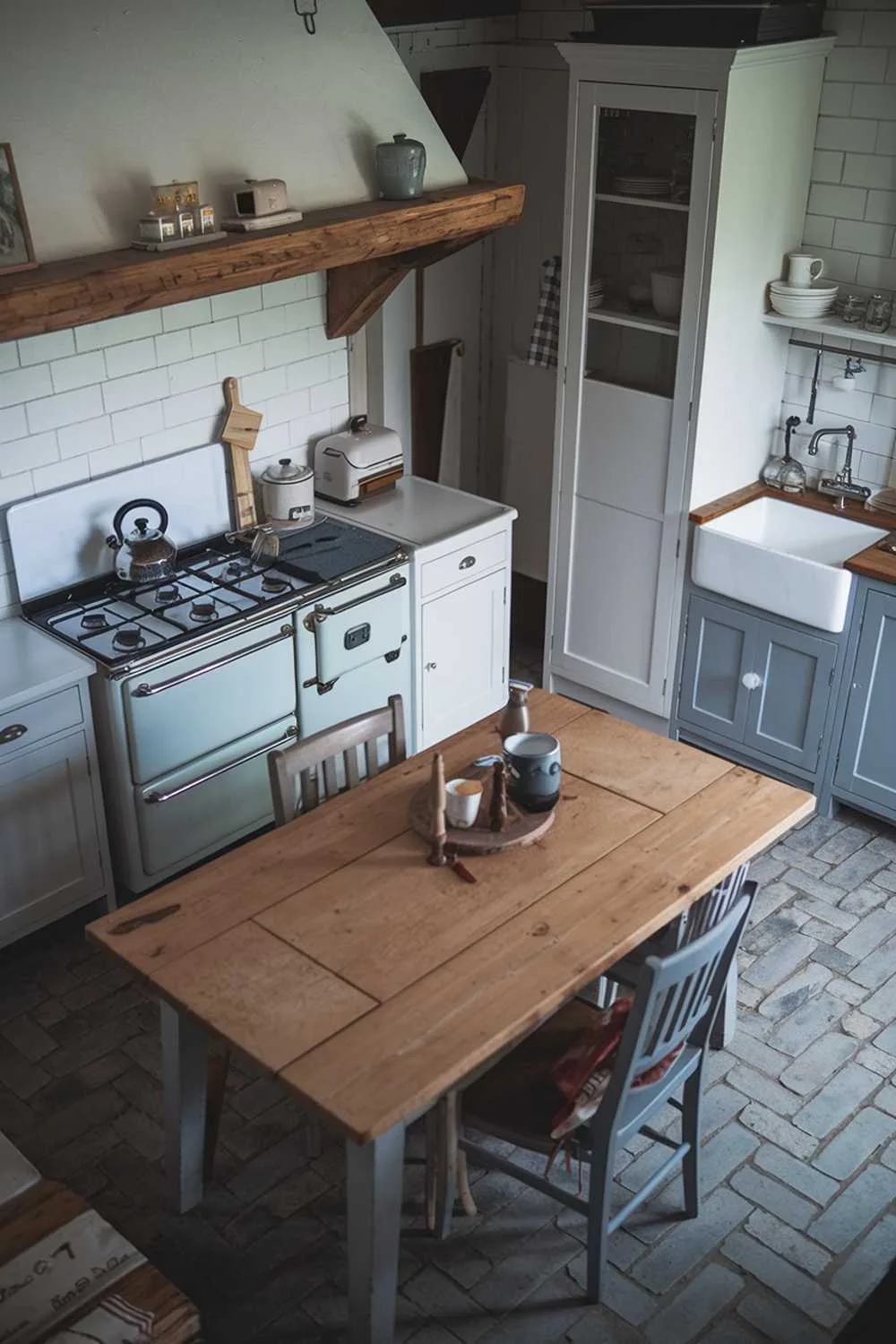 21 Inspiring Gray and White Kitchen Ideas for a Modern Look 5 A wide shot of a cozy gray and white kitchen with a rustic touch. There's a large wooden table in the center with a few chairs. There's a gas range stove with a kettle and a pot on it. There's a wooden shelf above the stove with a few items. There's a white cabinet next to the stove. There's a gray cabinet below the white cabinet. There's a sink with a gray faucet opposite the stove. The floor is made of gray bricks.