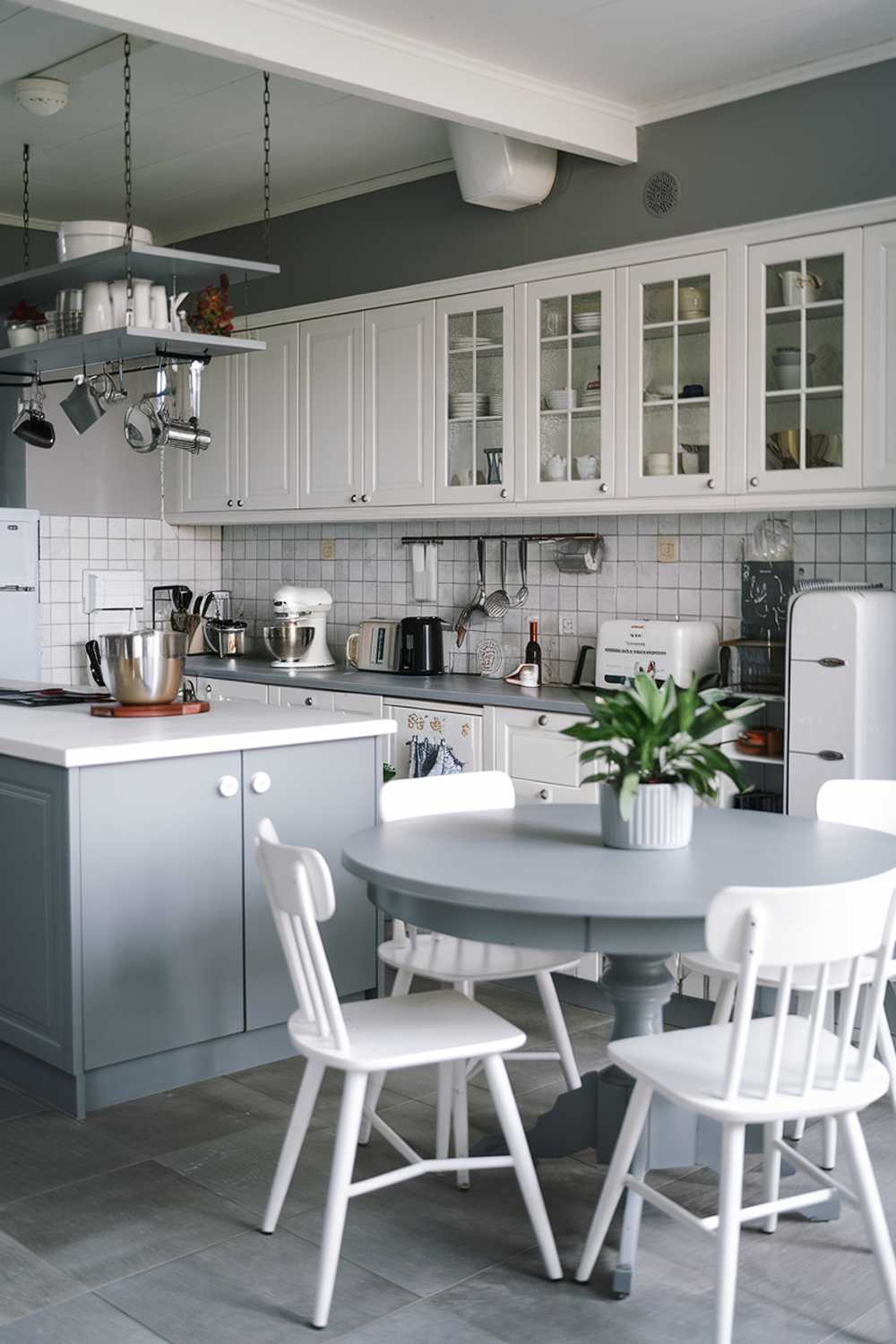 A gray and white kitchen decor. The kitchen has a gray island with a white countertop and a gray, round dining table with white chairs. There are white cabinets and a gray backsplash. A potted plant sits on the counter. There are various kitchen appliances, including a mixer, a toaster, and a coffee maker. A few utensils are hung above the island. The floor is made of gray tiles.