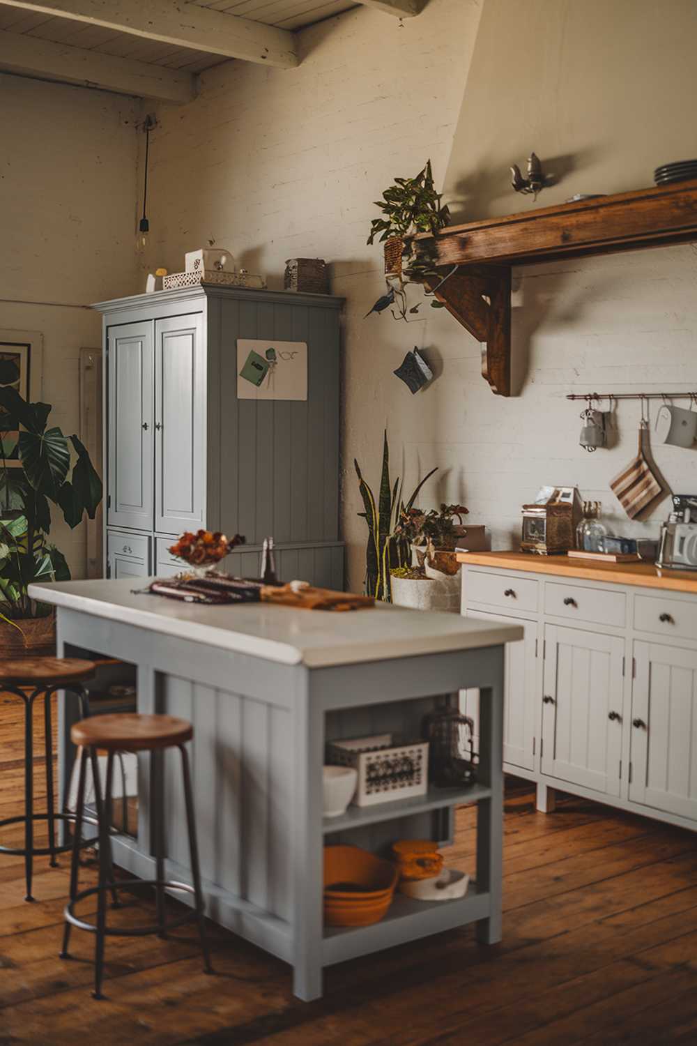 A gray and white kitchen with a rustic decor. There's a gray island with a white countertop and a few stools. Near the wall, there's a gray cabinet and a white cabinet. Above the white cabinet, there's a wooden shelf with a few items. The floor is made of wood. There's a potted plant near the wall. The lighting is warm.