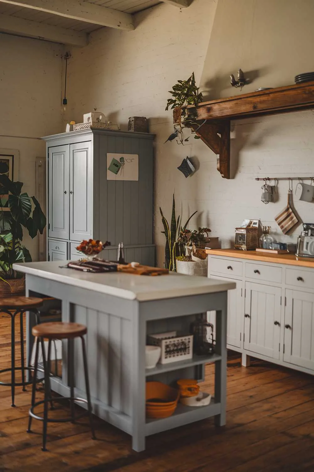 21 Inspiring Gray and White Kitchen Ideas for a Modern Look 7 A gray and white kitchen with a rustic decor. There's a gray island with a white countertop and a few stools. Near the wall, there's a gray cabinet and a white cabinet. Above the white cabinet, there's a wooden shelf with a few items. The floor is made of wood. There's a potted plant near the wall. The lighting is warm.