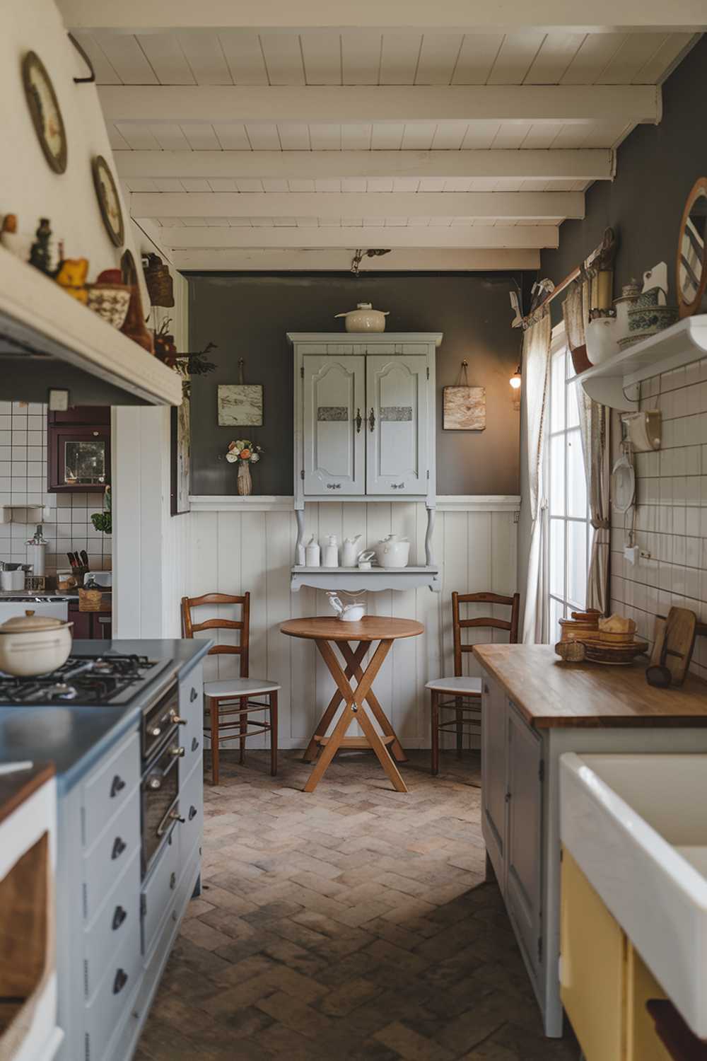 A kitchen with a gray and white decor. The kitchen has a rustic charm with wooden elements and vintage accessories. There's a wooden table with two chairs in the corner. The wall has a gray cabinet with a few white pots and a white shelf with a few decorative items. The floor is made of tiles. There's a window near the cabinet with a curtain. The background is a part of the kitchen with a stove, sink, and another cabinet. The overall ambiance is warm and inviting.