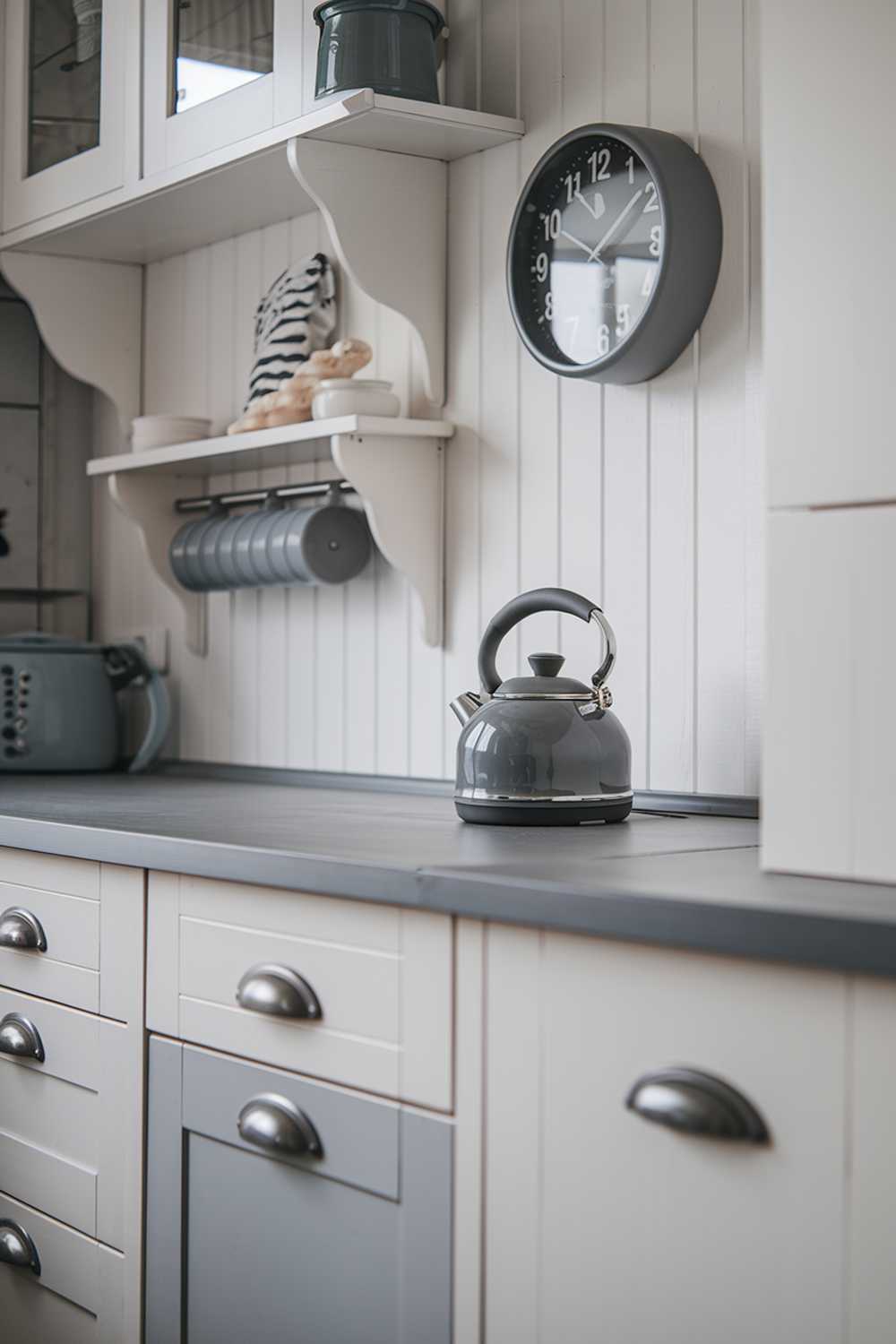 A close-up shot of a cozy gray and white kitchen decor. There's a white cabinet with gray drawers and a gray counter on the bottom. There's a gray kettle on the counter. On the wall above the counter, there's a gray clock and a few white shelves with gray handles.