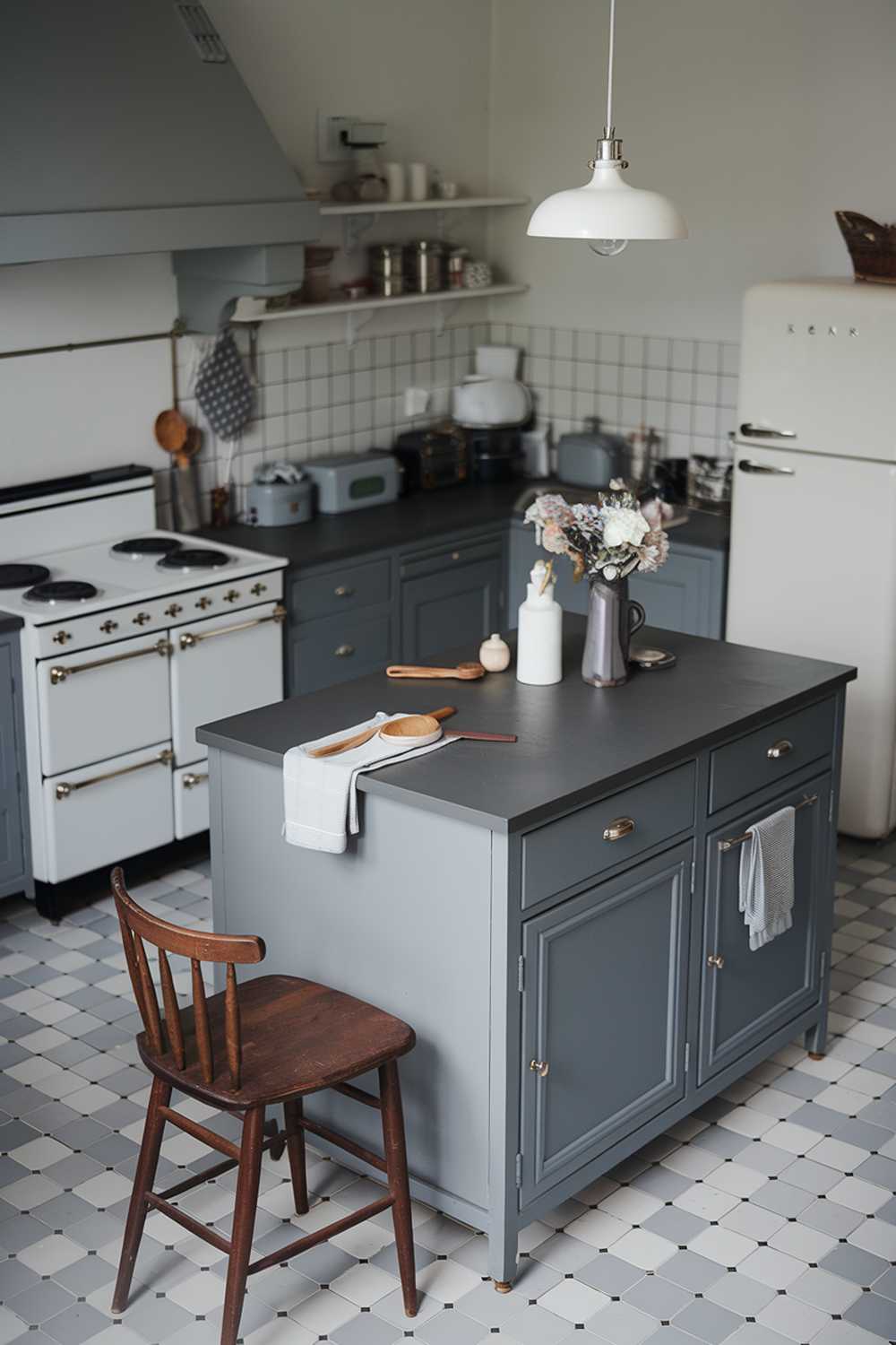 A cozy, modern gray and white kitchen with a gray island in the center. The island has a dark gray countertop and a few items, including a vase of flowers and a wooden spoon. There is a white stove with four burners on the left wall. Above the stove, there is a gray hood. On the right wall, there is a white refrigerator. The floor is gray and white tiles. A wooden chair is placed near the island. A white pendant light hangs over the island.